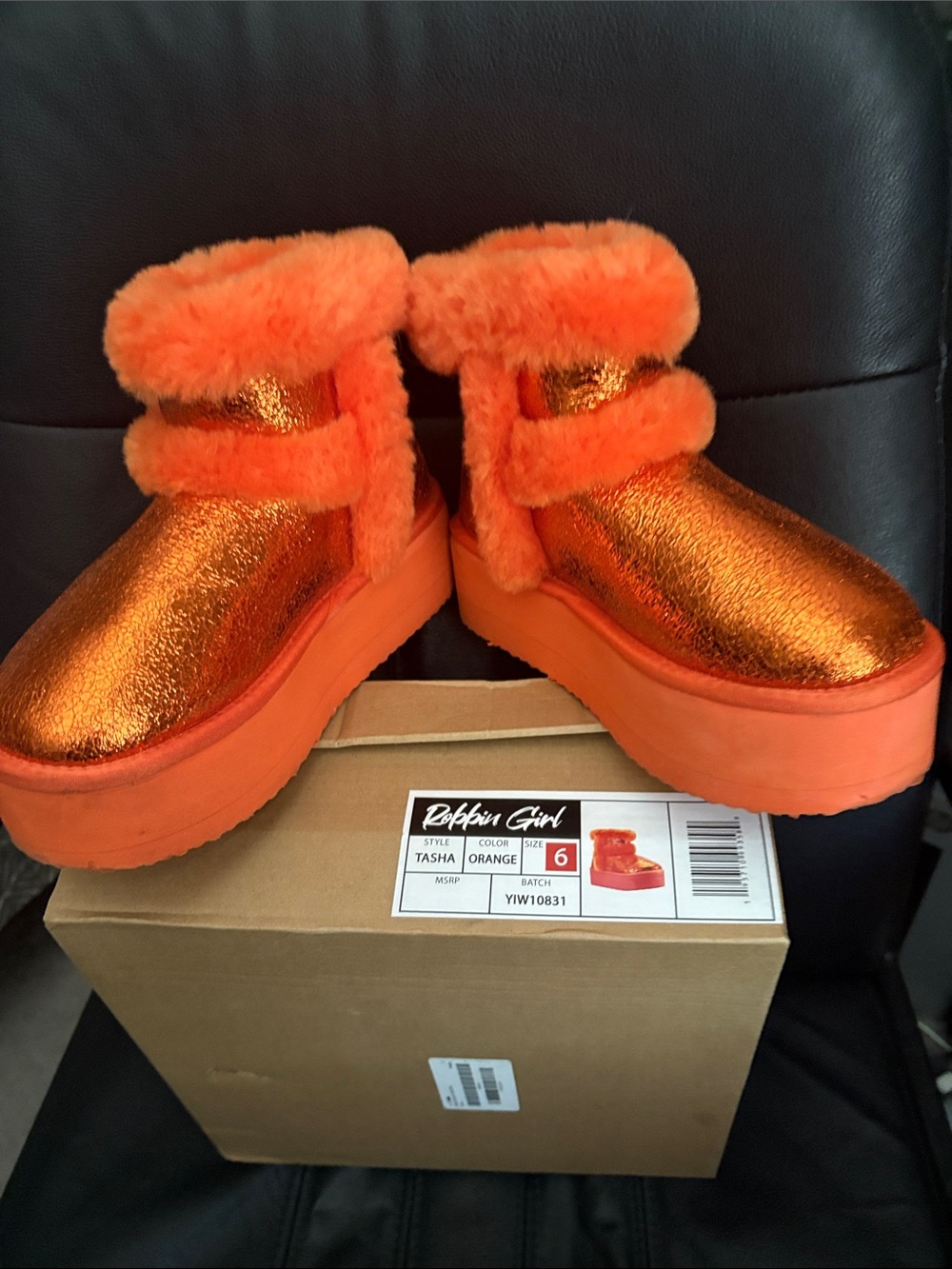 Pazzion Girl Tasha Orange Faux Fur Platform Ankle Boots